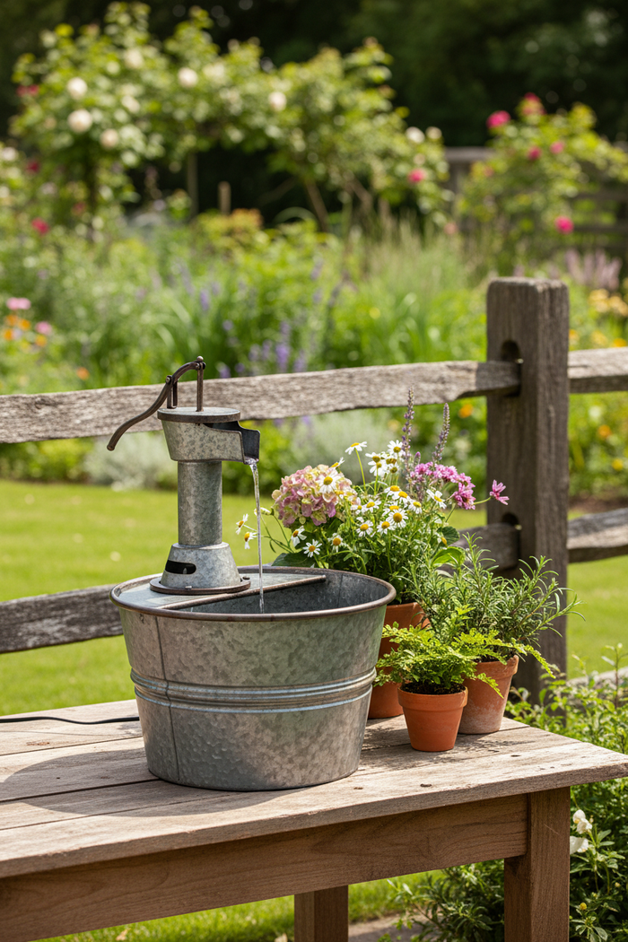 Galvanized faucet fountain front view showing vintage-style spigot pouring water into rustic galvanized basin on outdoor patio by GoodStuff Co