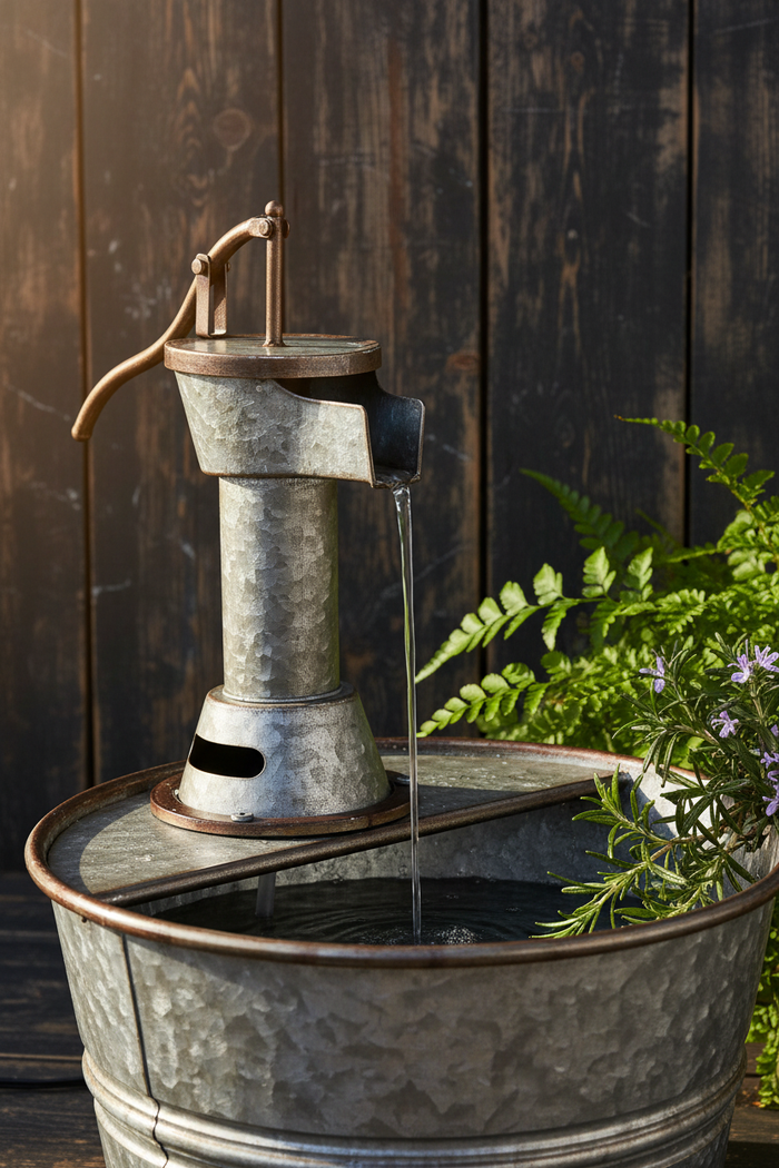 Galvanized faucet fountain close-up showing antique-style spigot detail and galvanized metal basin with flowing water by GoodStuff Co