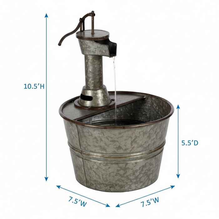 Galvanized faucet fountain dimensions diagram showing 15 inch width by 17 inch depth by 18 inch height by GoodStuff Co