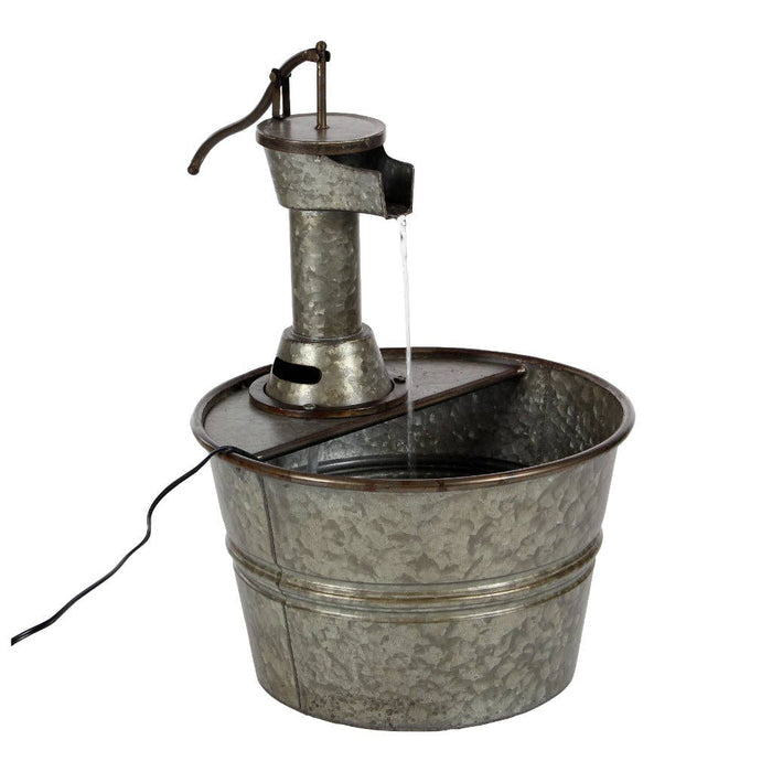 Galvanized faucet fountain side view showing weather-resistant galvanized metal construction and included pump by GoodStuff Co
