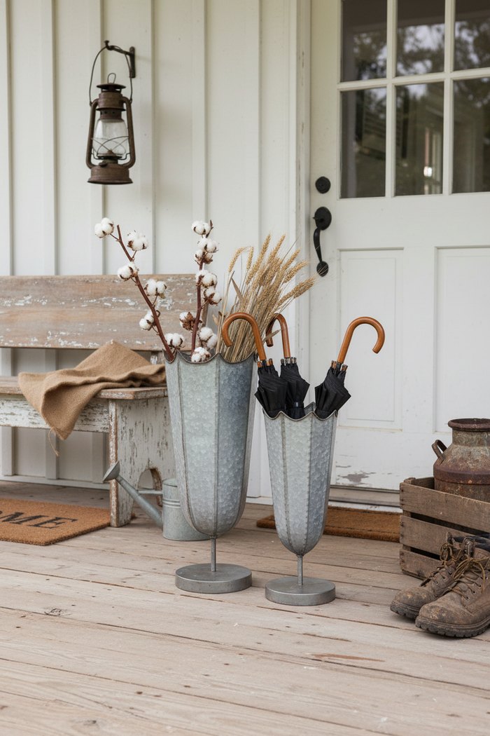 Galvanized umbrella stands on rustic farmhouse porch with weathered wood and vintage decor