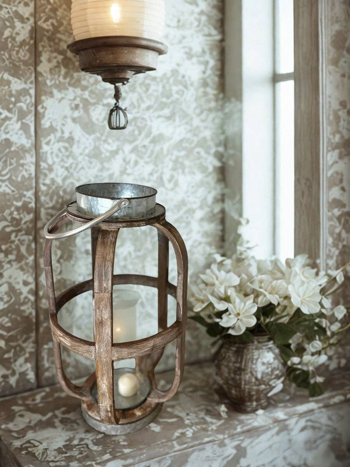 Galvanized Wood Candle Lantern – Rustic Round Wood Slat Candle Lantern with Galvanized Top (Small)