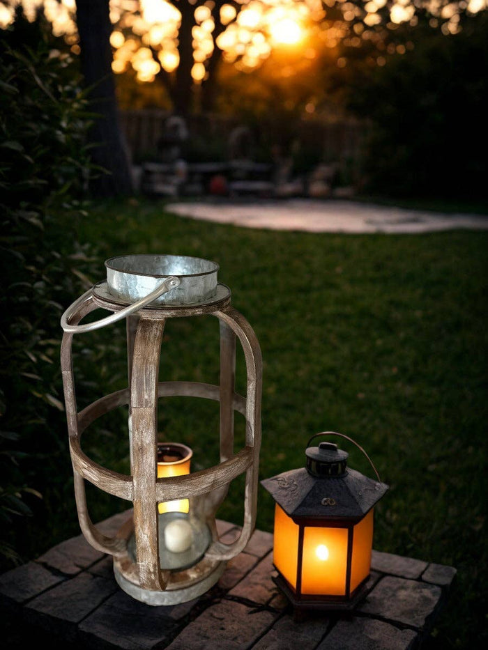 Galvanized Wood Candle Lantern – Rustic Round Wood Slat Candle Lantern with Galvanized Top (Small)