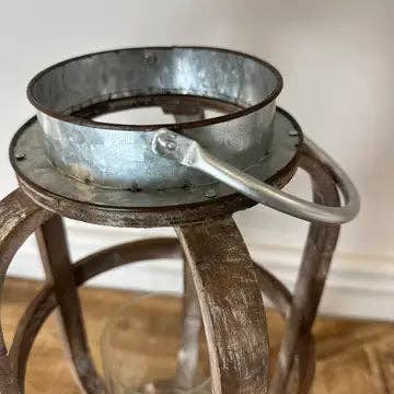 Galvanized Wood Candle Lantern – Rustic Round Wood Slat Candle Lantern with Galvanized Top (Small)
