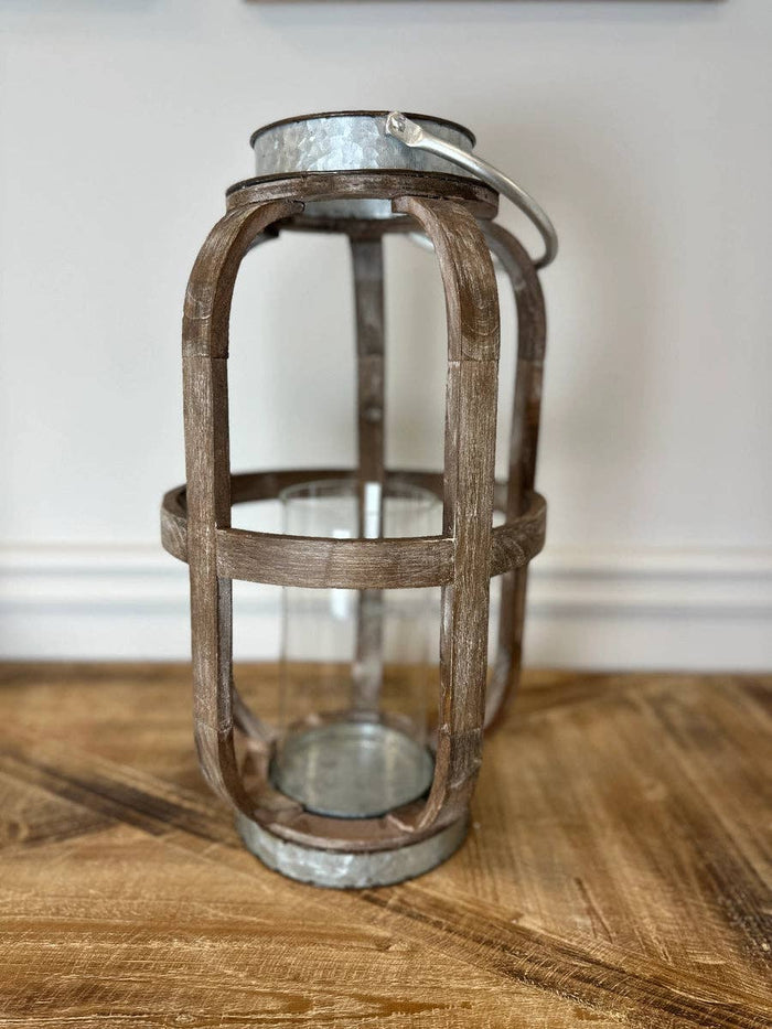 Galvanized Wood Candle Lantern – Rustic Round Wood Slat Candle Lantern with Galvanized Top (Small)