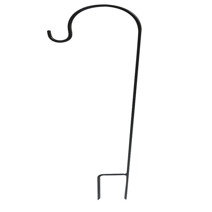 Black metal shepherd's hook garden stake with rustic wooden bird feeder hanging in natural garden setting