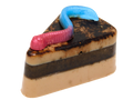 A triangular slice-shaped chocolate confection soap styled like a slice of cake, with beige and dark brown layers, topped with a pink-and-blue gummy worm on a plain white background.