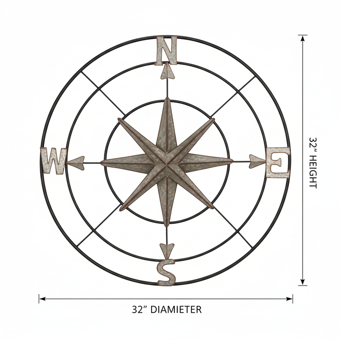 Grey & Black Metal Compass with Dimensions