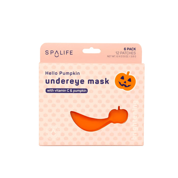 Packaging of 'spa-life Hello Pumpkin Brightening Undereye Masks' with an illustration of a smiling pumpkin, indicating the mask's main ingredient, vitamin C, and pumpkin. The packaging states there are 6 pairs of masks and features a net weight of 15g.