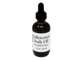 Amber colored 2 oz dropper bottle. Label says Hallowmas Body Oil Pumpkin and Spice