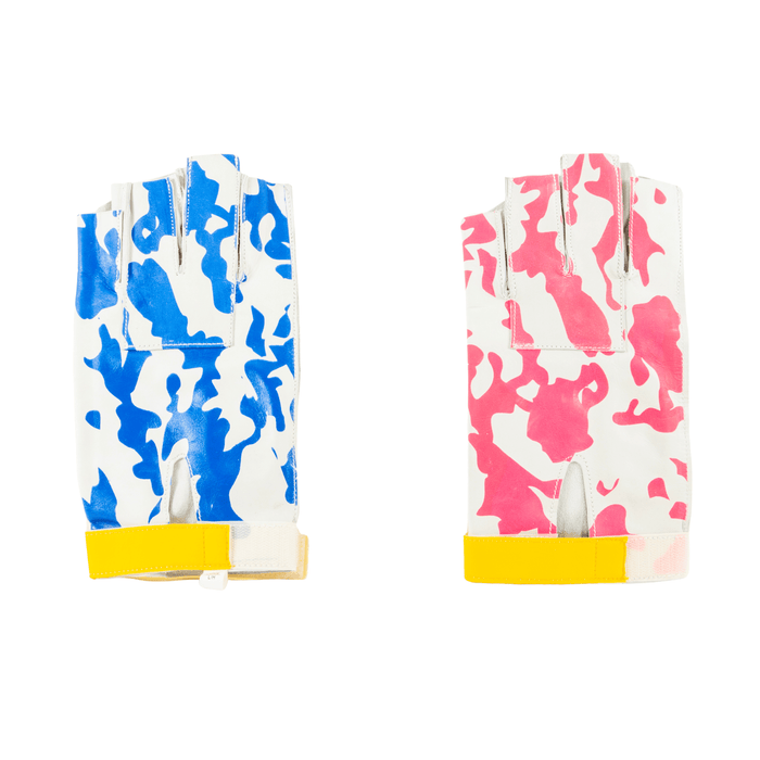 Leather glove for hammer throw. Blue/pink camo