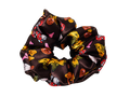 brown satin scrunchie with happy mushrooms