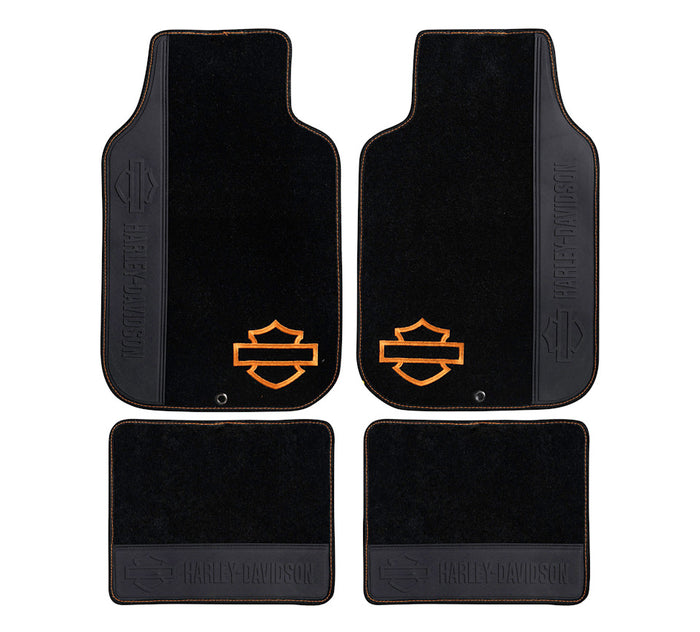 HARLEY-DAVIDSON® BLACK W/ORANGE SILHOUETTE CARPETTED  4 PIECE FLOOR MATS
