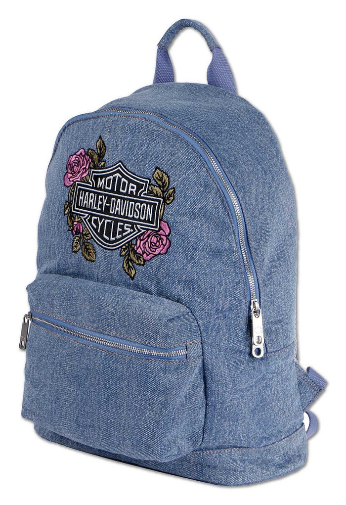 HARLEY-DAVIDSON® WOMENS EMBROIDED BAR & SHIELD ROSE DENIM BACKPACK
