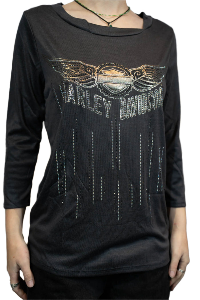 HARLEY-DAVIDSON® WOMENS GEAR OF A FEATHER 3/4 SLEEVE SCOOP NECK TOP