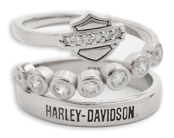 Harley-Davidson® WOMENS STERLING SILVER B&S FAUX STACK RING WITH ZIRCONIA STONES