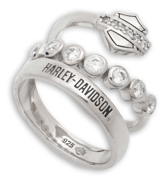Harley-Davidson® WOMENS STERLING SILVER B&S FAUX STACK RING WITH ZIRCONIA STONES