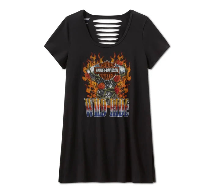 HARLEY-DAVIDSON® WOMENS TEE KNIT BLING FLAMING IRON EAGLE BLK