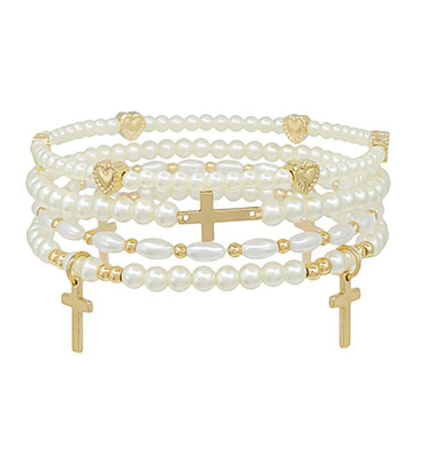 Heart Charm Pearl Bracelet Set