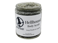 charcoal gray sugar scrub in 8 oz glass jar with white label that reads: Hellhound Body Scrub. Deep Woods & Campfire.