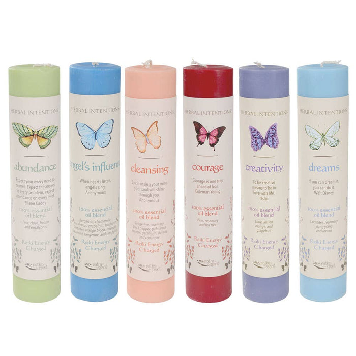 Set of six candles with butterfly illustrations and corresponding words on a white background