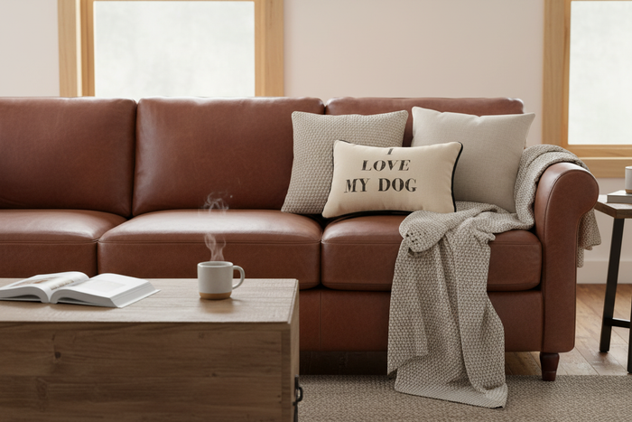 I Love My Dog pillow styled on leather sofa in cozy farmhouse living room