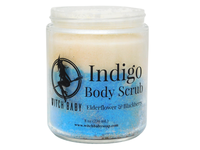 Jar of Indigo Body Scrub with blue and white gradient on a white background