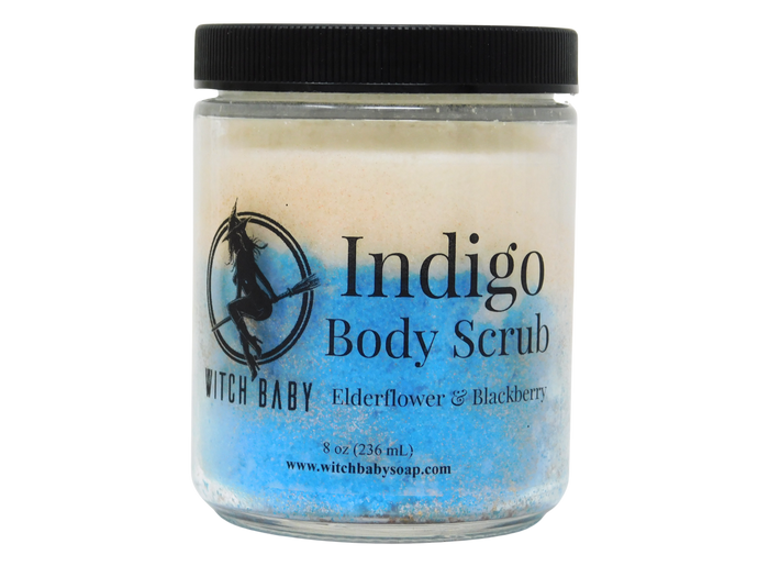 Jar of Indigo Body Scrub with black lid on a white background