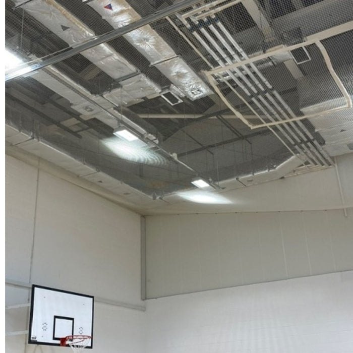 Sports Netting for Indoor Sports Hall or Gym | Overhead ceiling vent-protection nets with access hatch and lowering basketball net