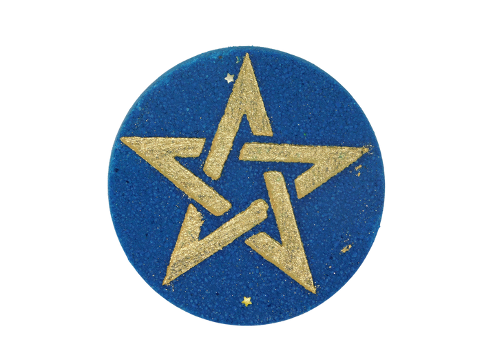 Circular blue bath bomb with gold star painted in glitter and small gold star glitters