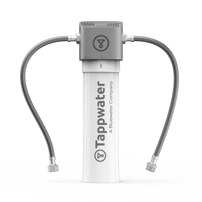 The Tappwater Inline Filter SMR features a gray and white cylindrical body, two flexible metal hoses at the top, and the Tappwater logo on the front.