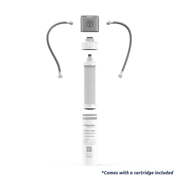 A white Tappwater Inline Filter SMR with flexible hoses and connectors, shown disassembled with its main cartridge and parts aligned vertically. Caption: *Includes cartridge*.