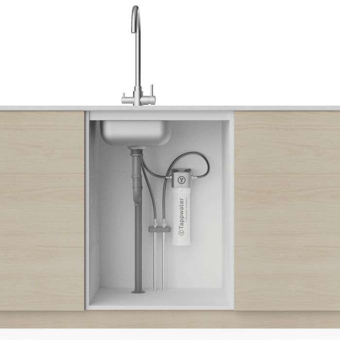 A modern kitchen sink with a faucet is shown in cutaway, revealing the plumbing and a Tappwater Inline Filter SMR water filtration system installed under the sink.