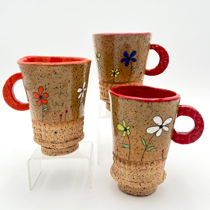 Jackie Sundell - Large Handled Mug - Textured Bottom with Flowers (Peppered Wheat)