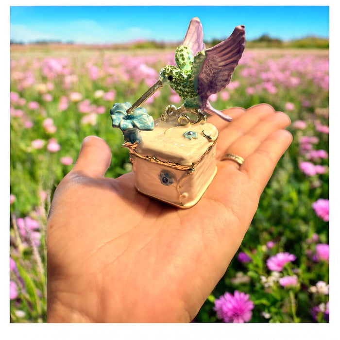 Hand holding open jeweled hummingbird trinket box showing warm amber interior, with a daisy field and blue sky in the background