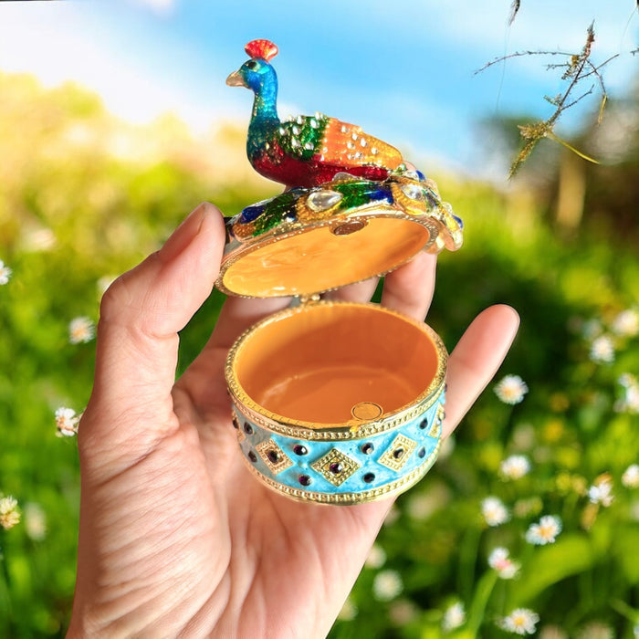 Hand holding open jeweled peacock trinket box showing warm amber orange interior with sky blue rhinestone box base, green garden background in sunlight