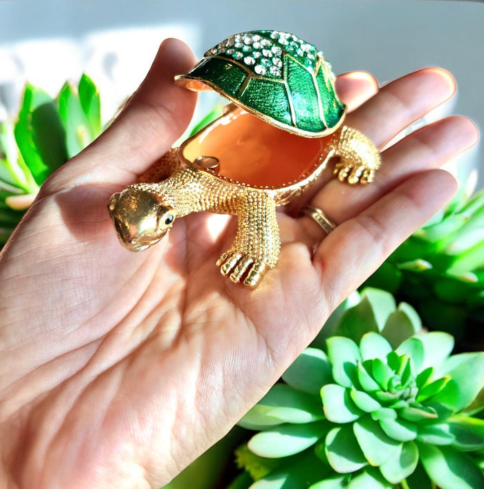 Hand holding open gold tone jeweled tortoise trinket box showing warm amber orange interior, green succulent plant background