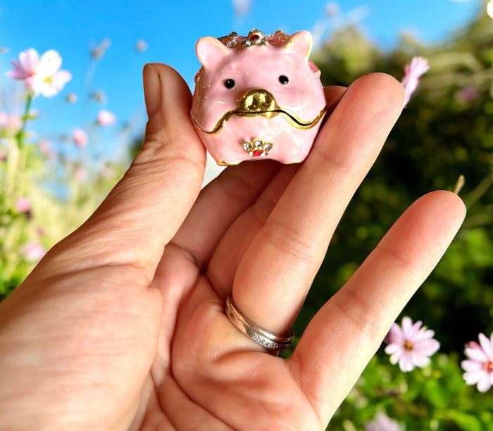 Hand holding open pink enamel pig trinket box with rhinestone flowers, pink flower field and blue sky in the background