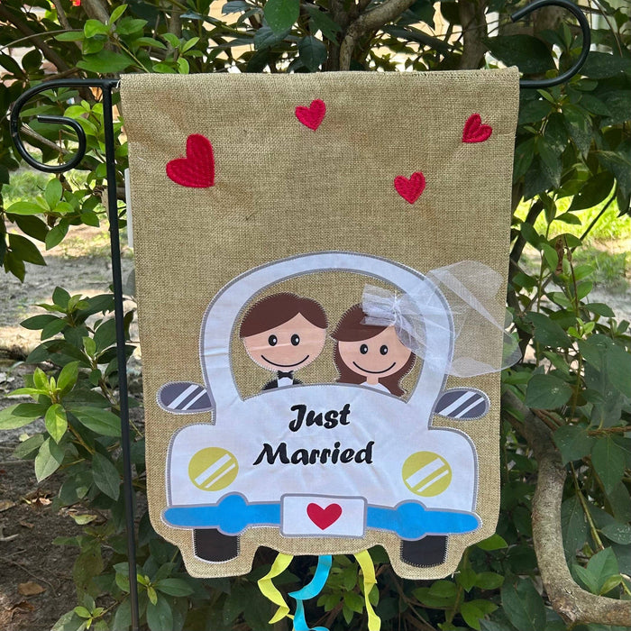 Just Married Car Burlap 2-Sided Garden Flag - Posh West Boutique