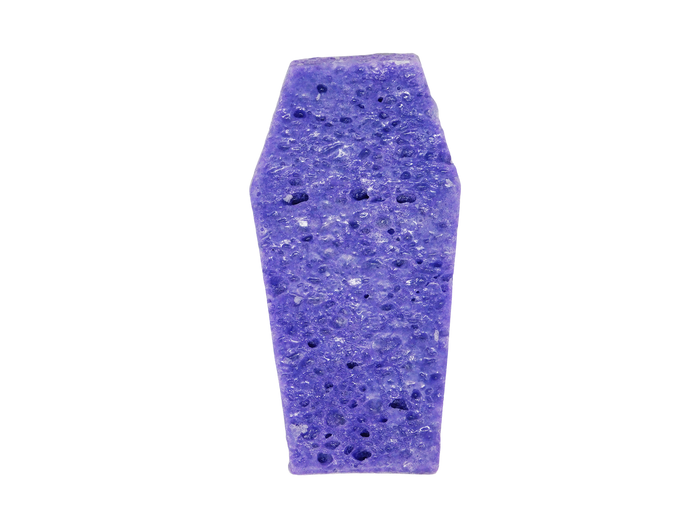 Purple sponge shaped like coffin.