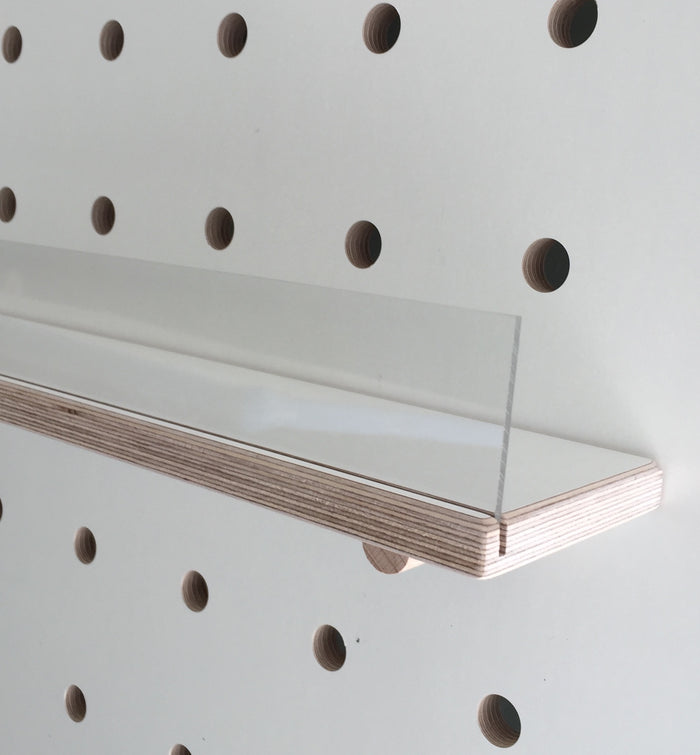 white wooden shelf for pegboard with clear front