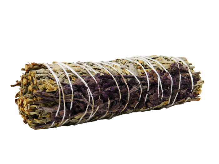 Bundle of lavender and sage. Green and purple in color tied together with white string.