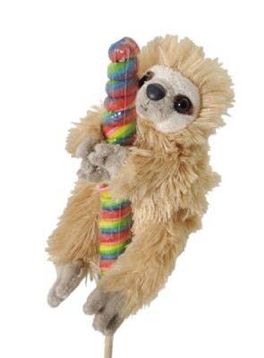 Shaggy cream sloth plush clinging to a rainbow swirl lollipop stick, white background