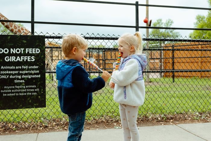 Two young children at a zoo holding Lollyplush toys and laughing in front of a giraffe enclosure fence with a "Do Not Feed Giraffes" sign