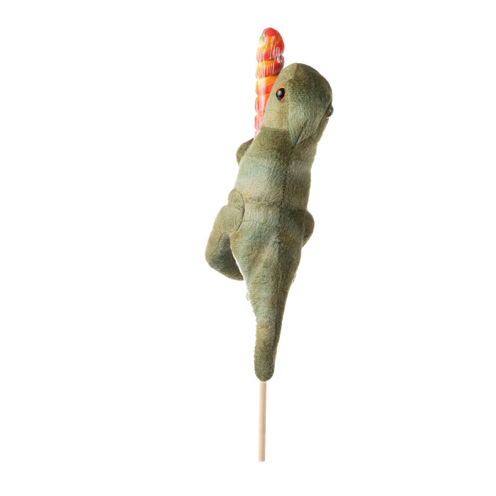 Back view of green Lollyplush T Rex dinosaur plush leaning back and holding a rainbow lollipop overhead, white background