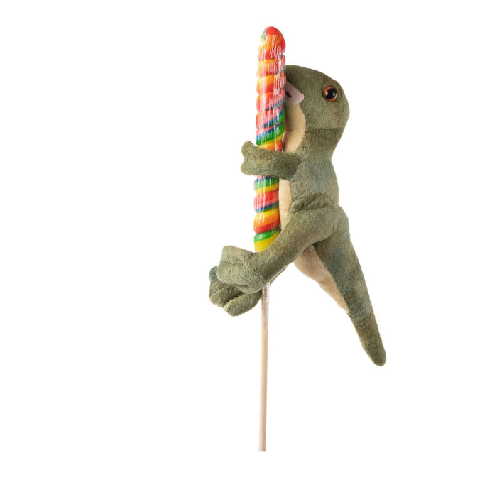 Front view of green Lollyplush T Rex dinosaur plush with tiny arms gripping a large rainbow lollipop, white background