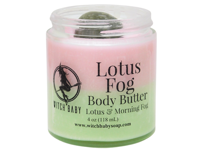 Jar of Lotus Fog Body Butter with pink and green gradient on a white background