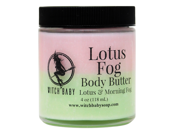 Jar of Lotus Fog body butter with a pink and green gradient on a white background