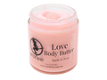 pink body butter packaged in glass jar with label that reads: Love Body Butter. Roses - Apples - Magick.