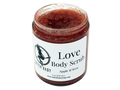 8oz glass jar containing red colored scrub with small black seed. Label says Love body scrub apple and rose.